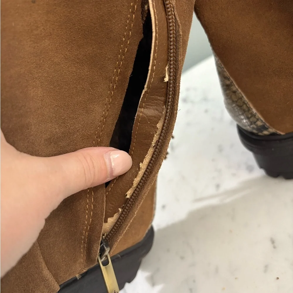 Sam Edelman Tilden Faux Fur Fringe Boots – Chestnut Suede w/ Snakeskin Trim